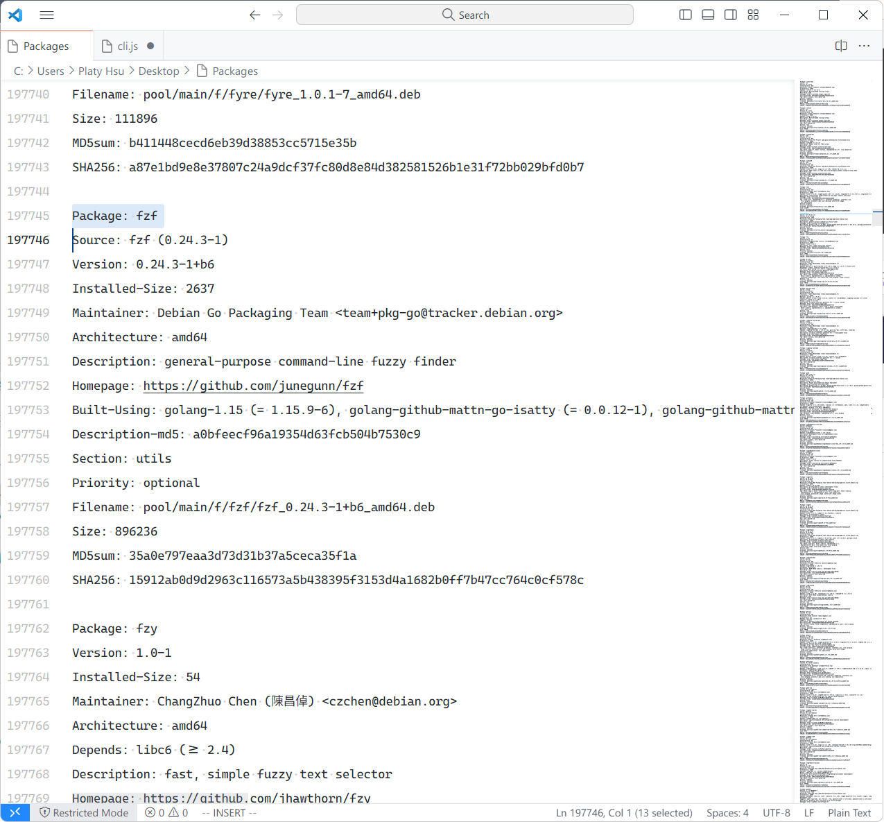 Debian 的 stable/main 仓库中的 Packages.xz 解压后内容